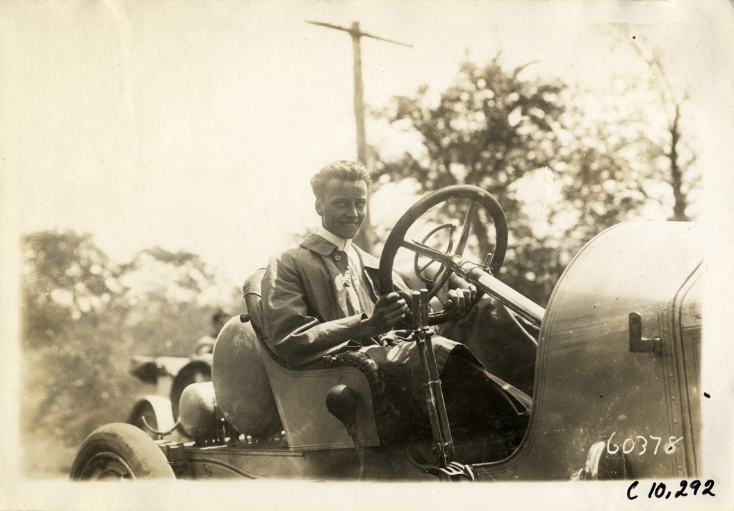Driver in racecar, 1910 White Plains Hill Climb