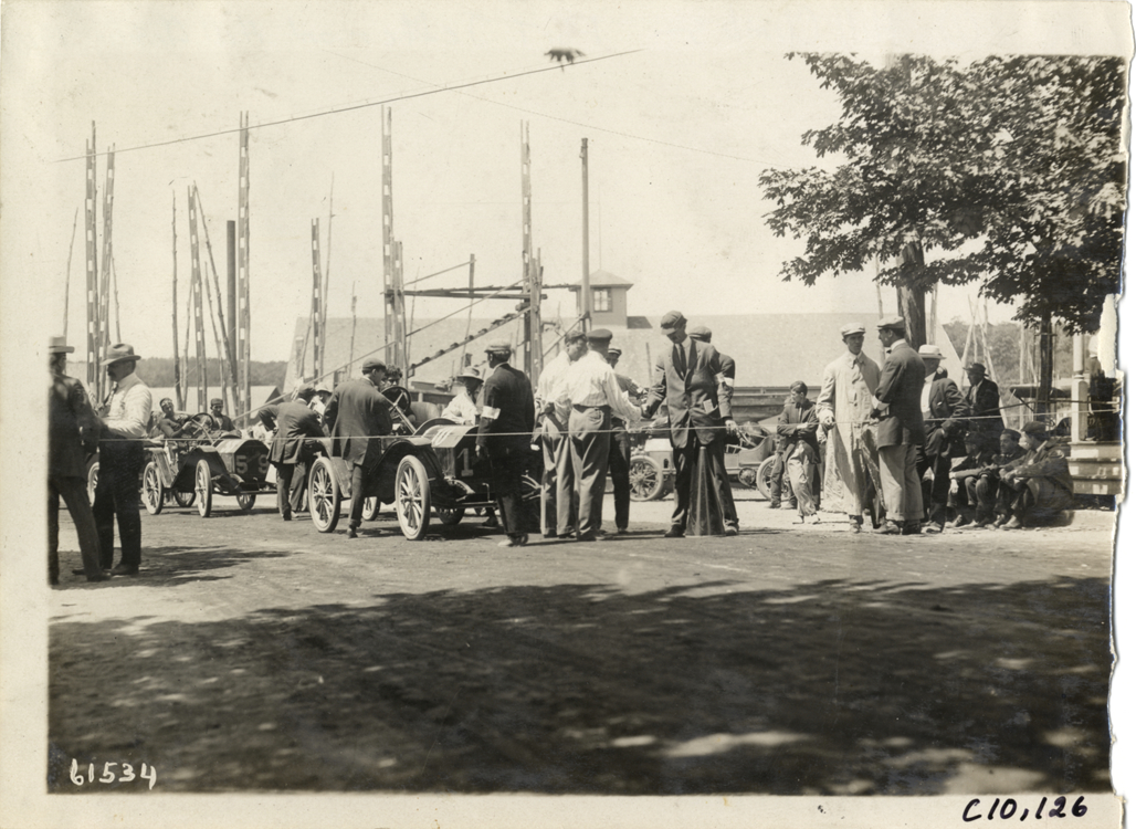 Racing officials and racecars, 1910 Port Jefferson Hill Climb