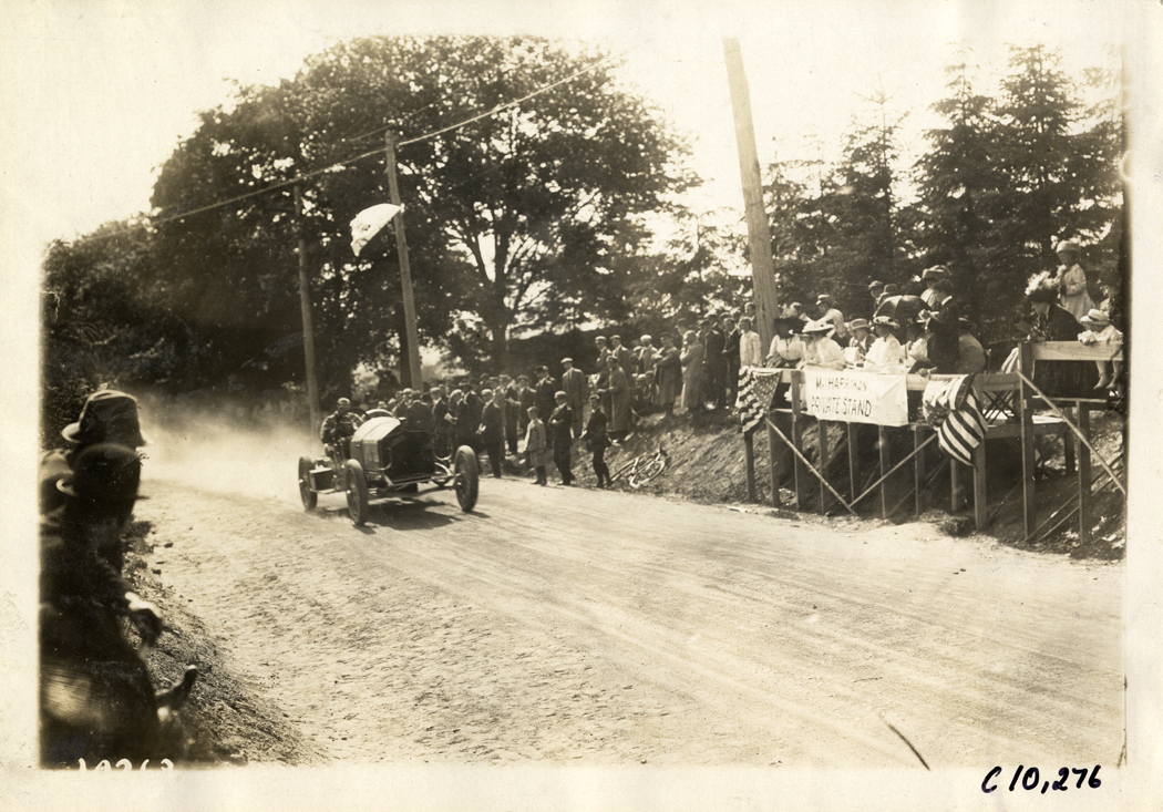 Driver in racecar, 1910 White Plains Hill Climb