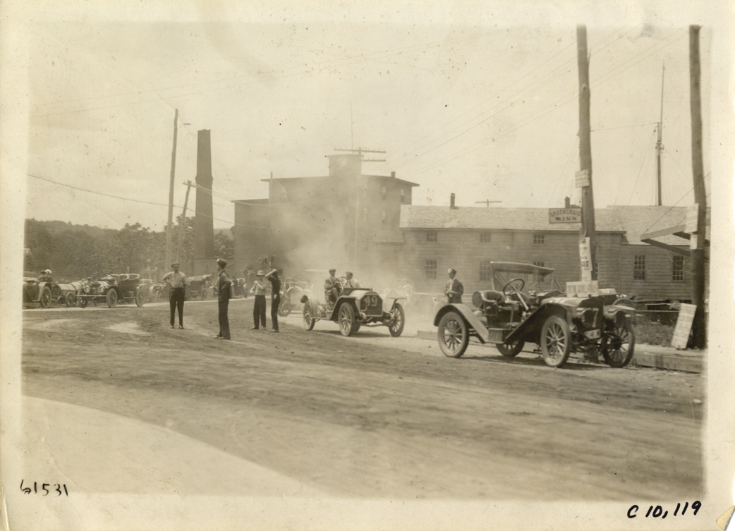 Racecars parked on roadside, 1910 Port Jefferson Hill Climb