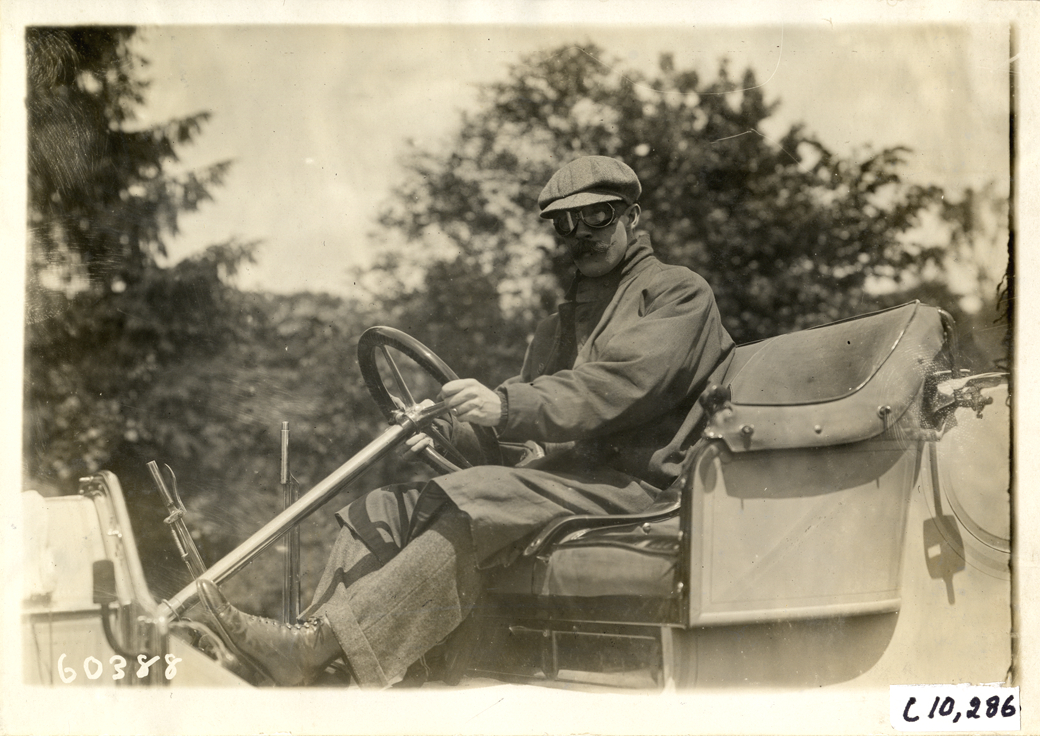 Driver in racecar, 1910 White Plains Hill Climb