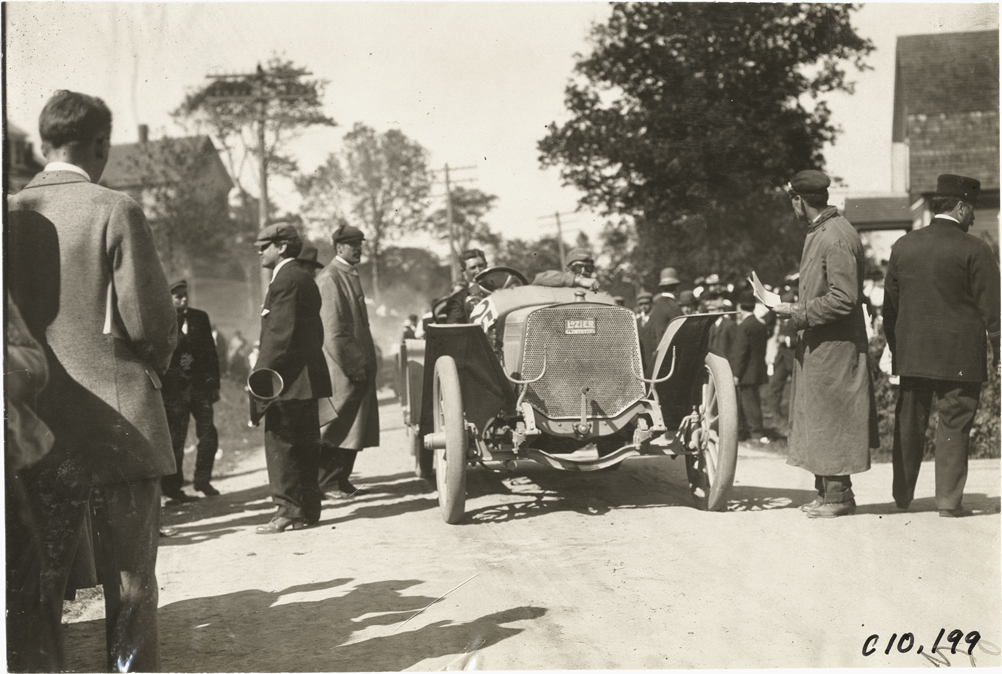 A. Beebe driving Lozier racecar, 1909 Shingle Hill Climb