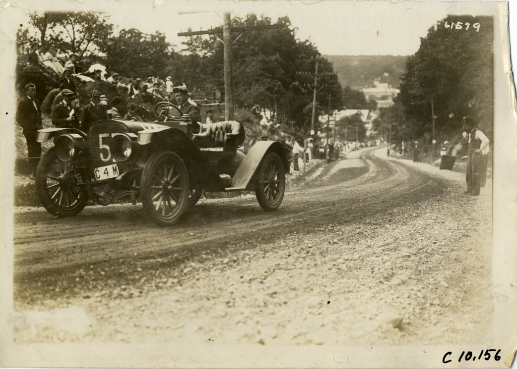 Driver in racecar, 1910 Port Jefferson Hill Climb
