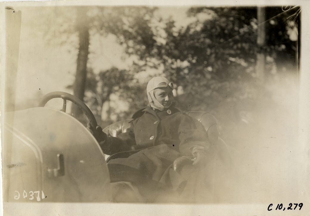 Driver in racecar, 1910 White Plains Hill Climb
