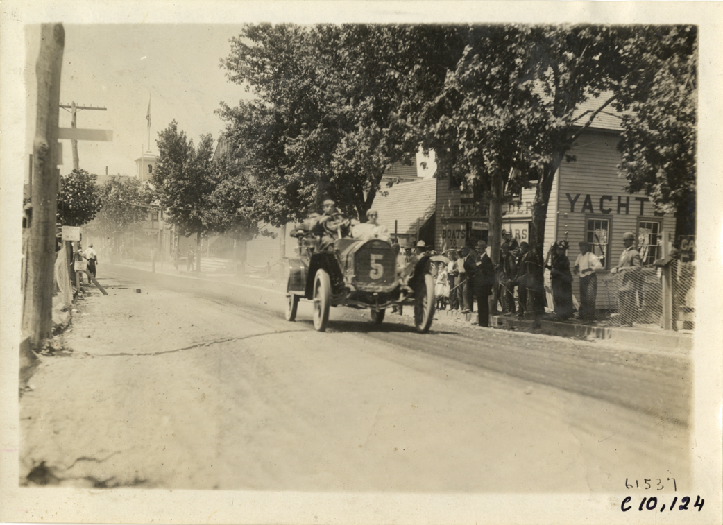 Driver and passenger in racecar, 1910 Port Jefferson Hill Climb