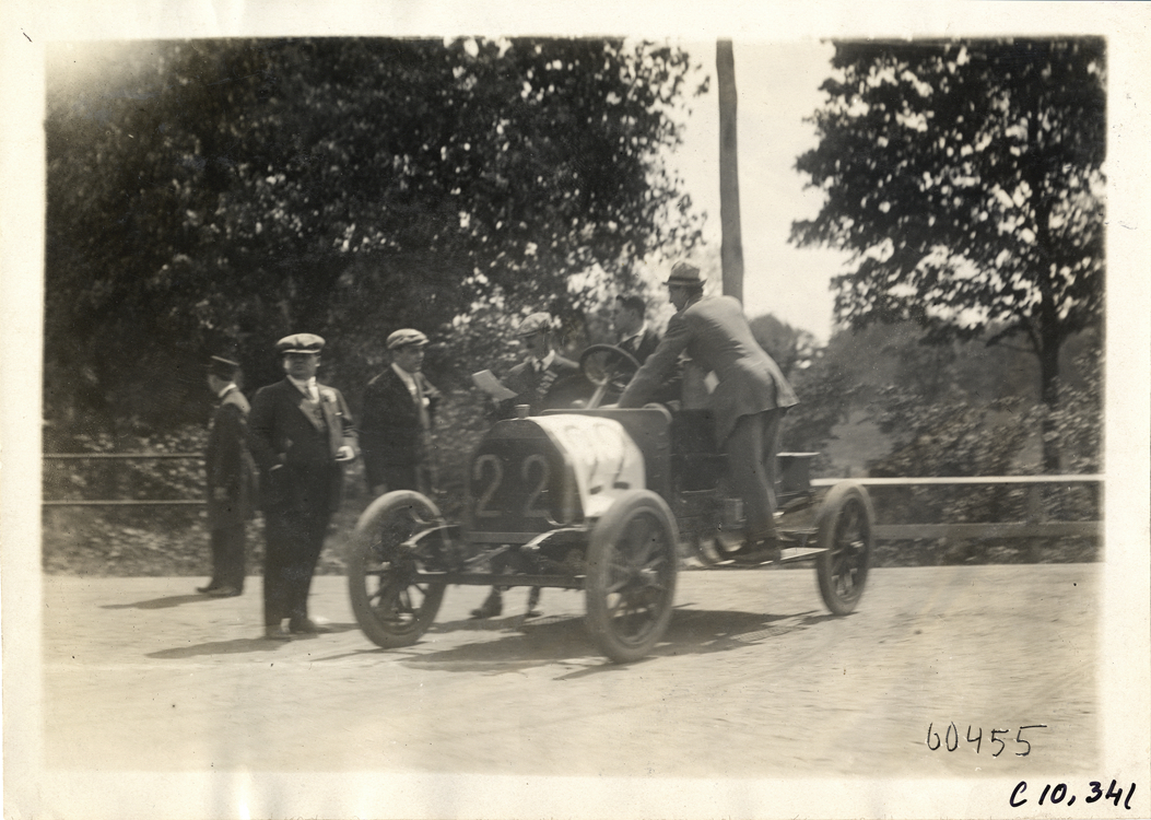 Driver in racecar, 1910 White Plains Hill Climb