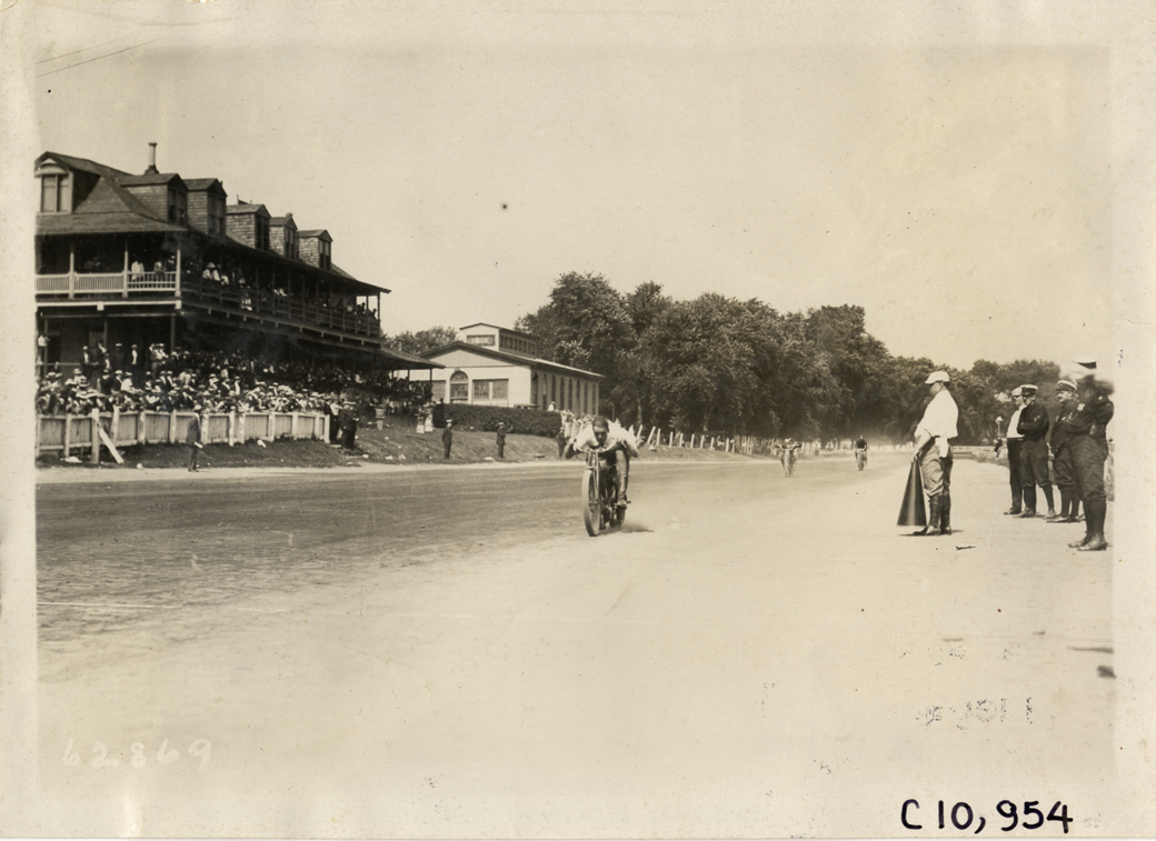 Motorcyclist in race, 1910 Point Breeze motorcycle races