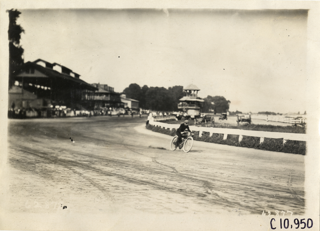 Motorcyclist in race, 1910 Point Breeze motorcycle races