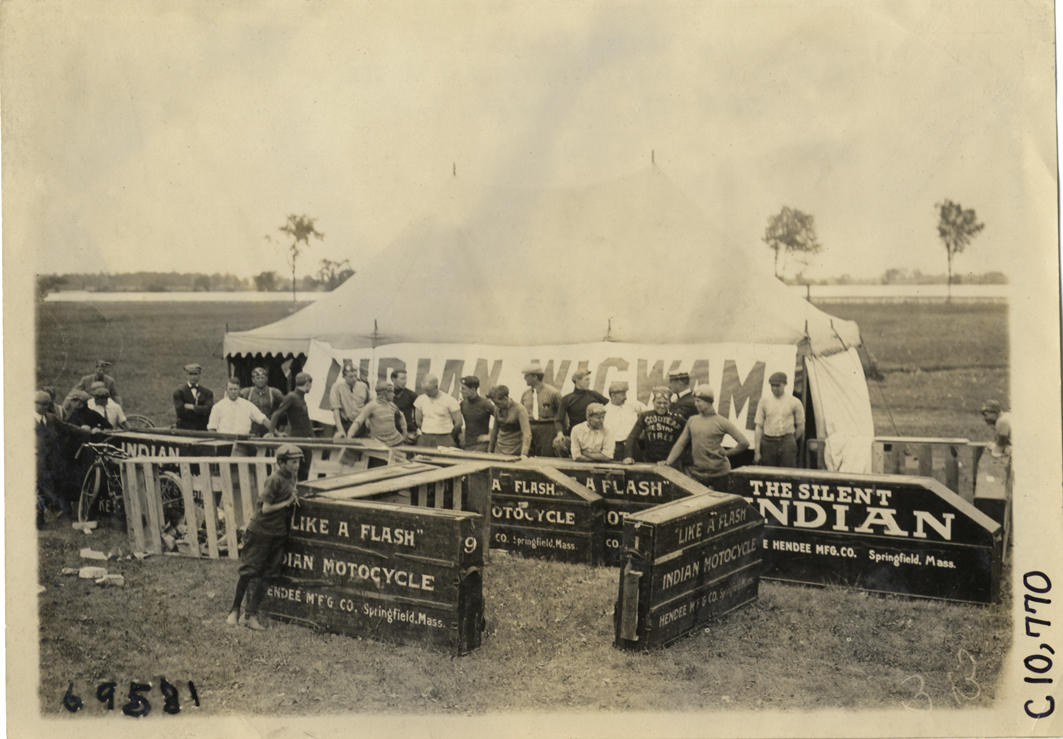 Indian motorcycle tent, 1911 Federation of American Motorcyclists races, Fort Erie, Ontario