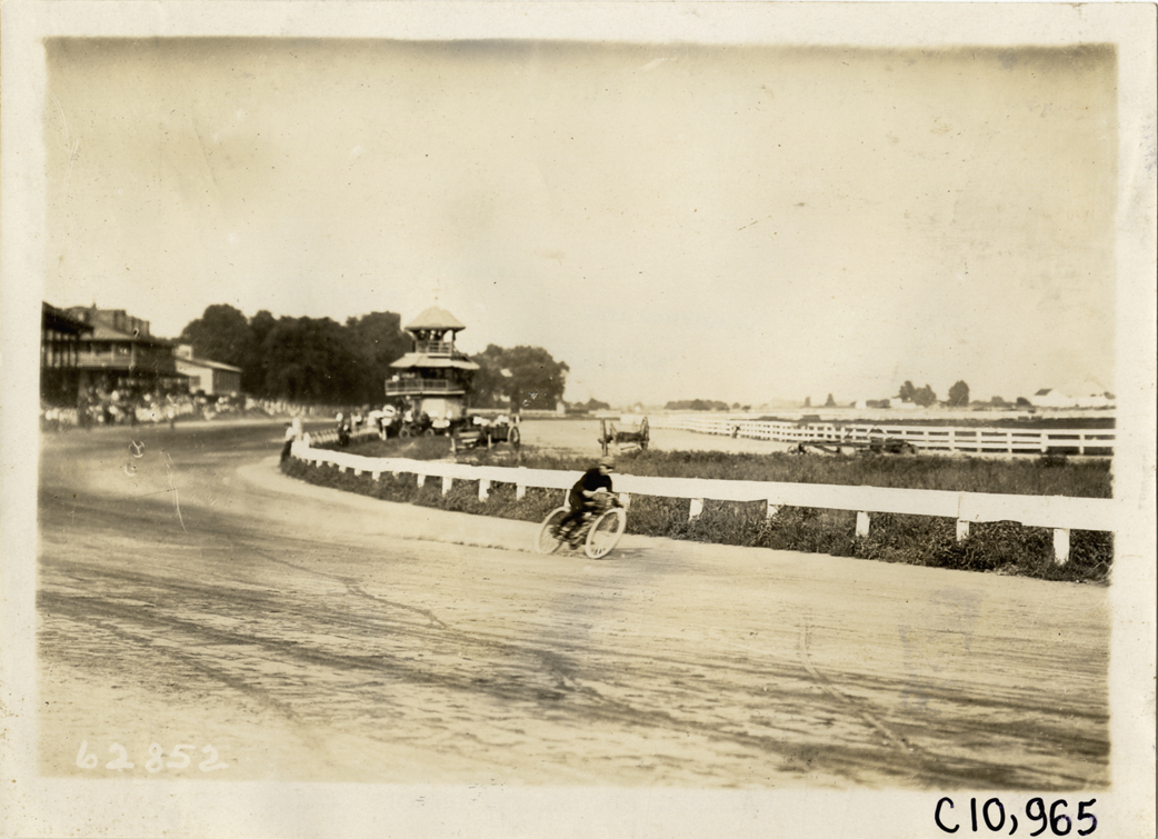 Motorcyclist in race, 1910 Point Breeze motorcycle races