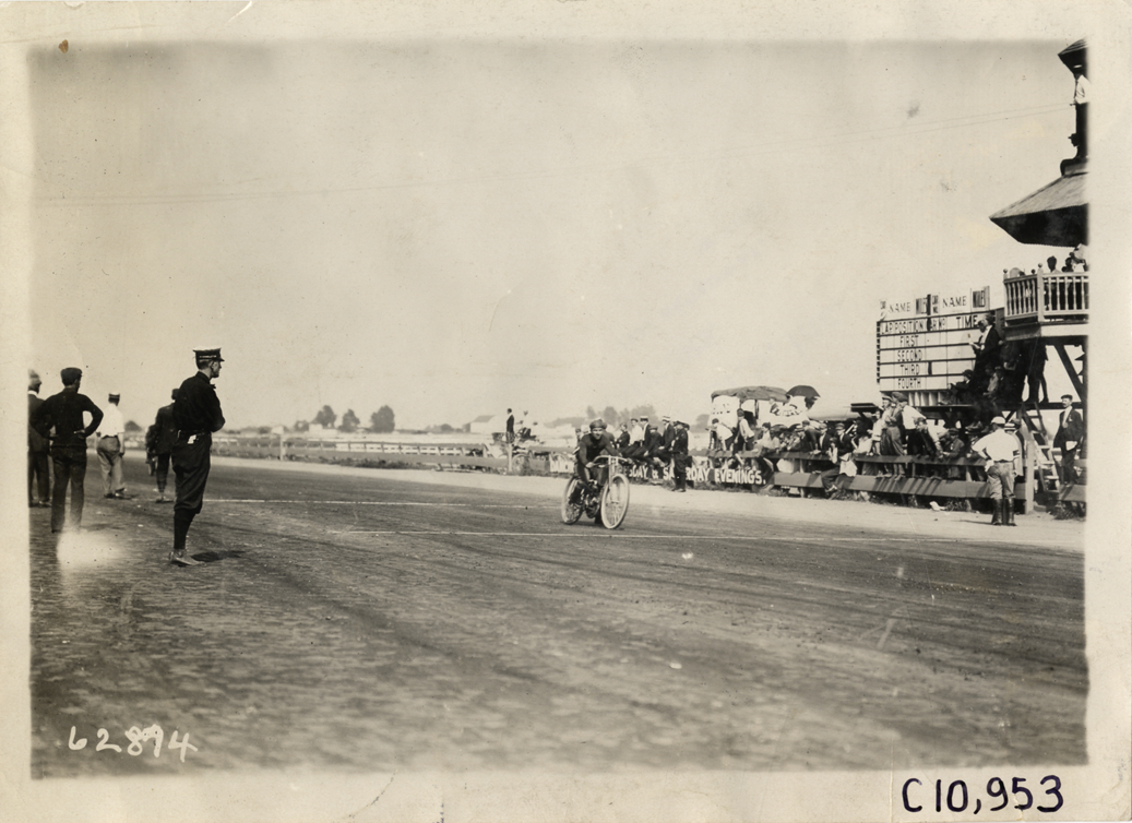 Motorcyclist at starting line, 1910 Point Breeze motorcycle races