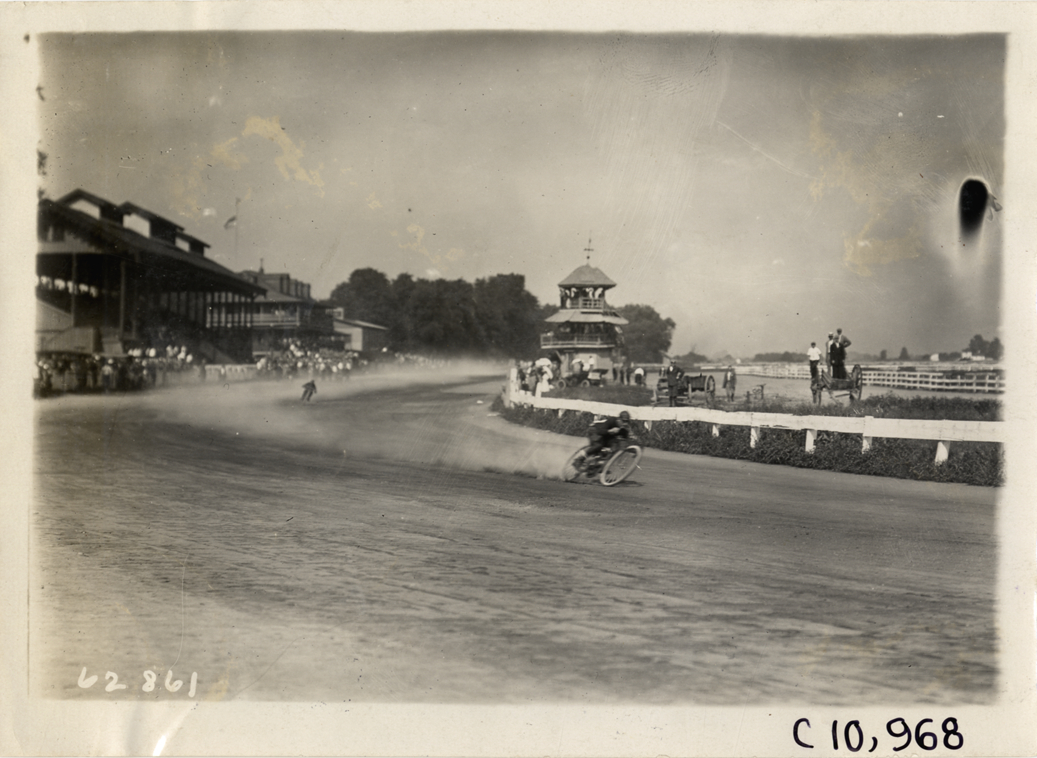Motorcyclist in race, 1910 Point Breeze motorcycle races