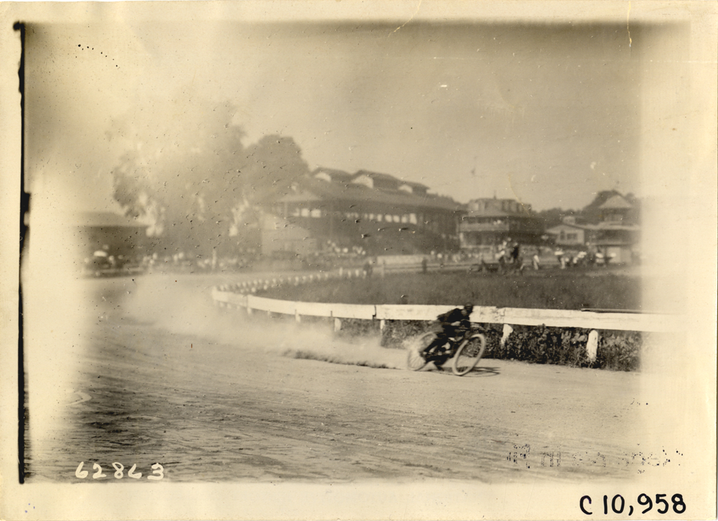 Motorcyclist in race, 1910 Point Breeze motorcycle races