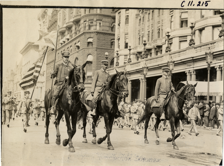 Men on horseback, 1909 New York street cleaners parade
