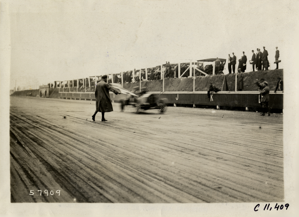 Racecar crossing finish line, Atlanta Speedway