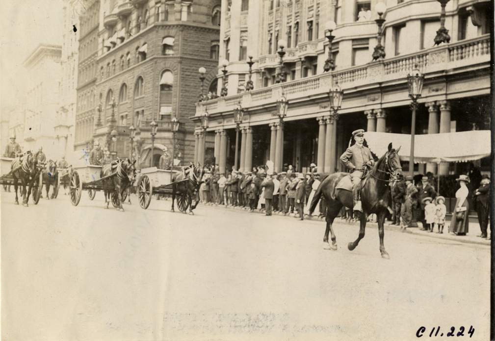 Street cleaners driving horse-drawn carts, 1909 New York street cleaners parade