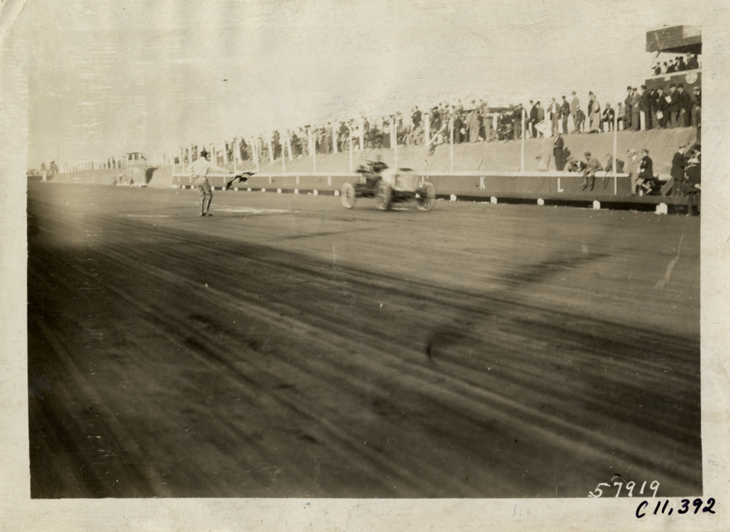 Racecar crossing finish line, Atlanta Speedway