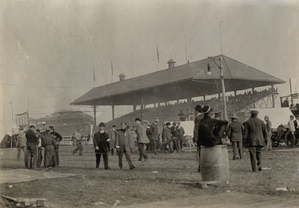 Spectators on racetrack, 1908 Brighton Beach races