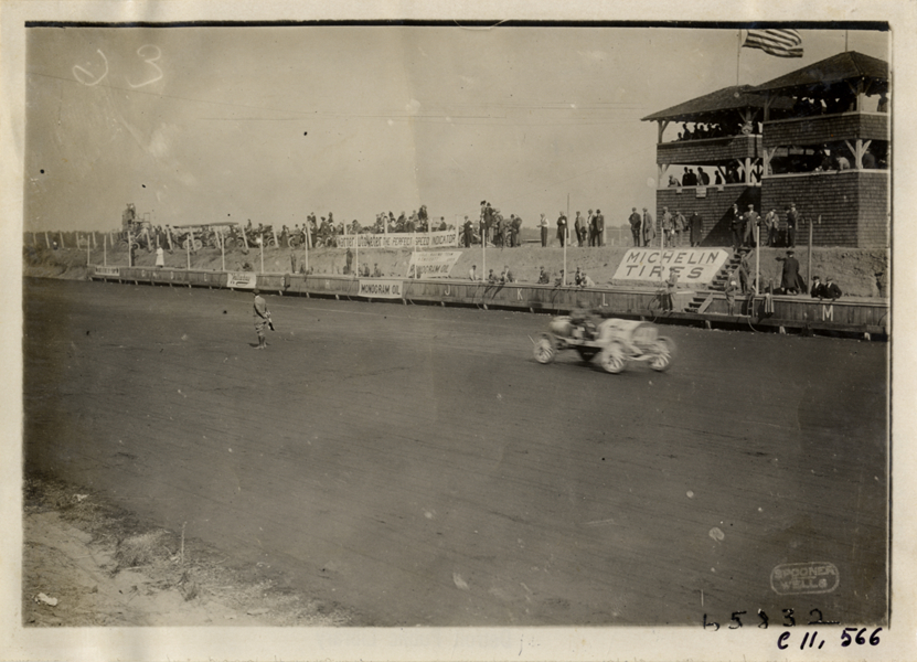 Racecar crossing finish line, Atlanta Speedway