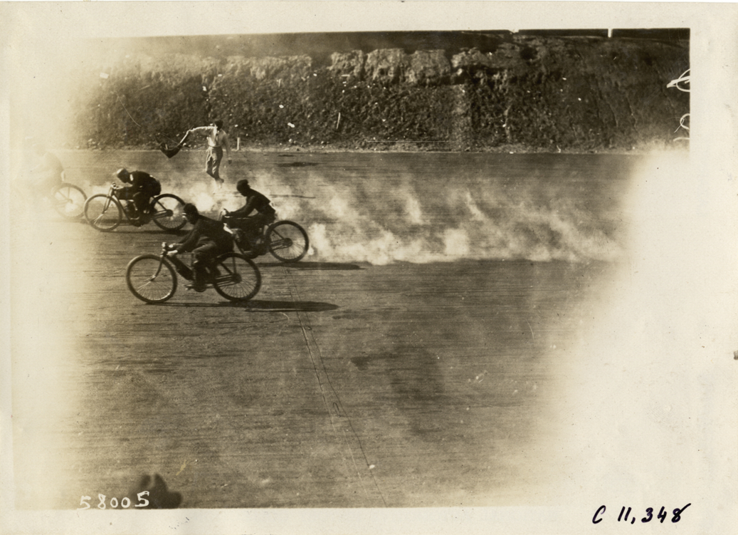 Motorcyclists crossing finish line, Atlanta Speedway