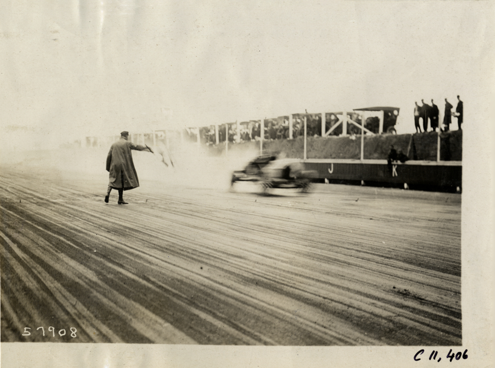 Racecar crossing finish line, Atlanta Speedway