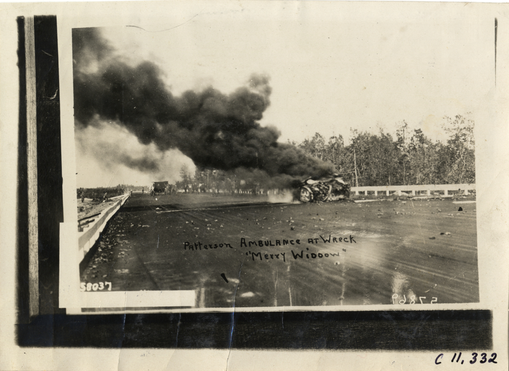 Horse-drawn ambulance at racecar accident, Atlanta Speedway