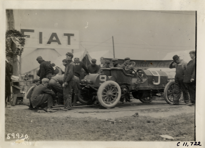 Men working on Fiat racecar, 1909 Brighton Beach races