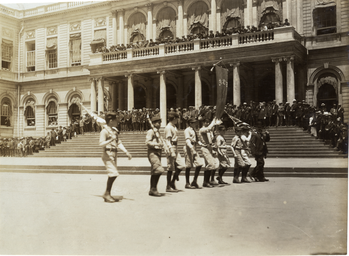 Boys' baseball team marching in 1906 baseball parade, New York