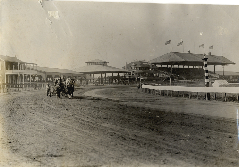 Horse-drawn rake, 1908 Brighton Beach races