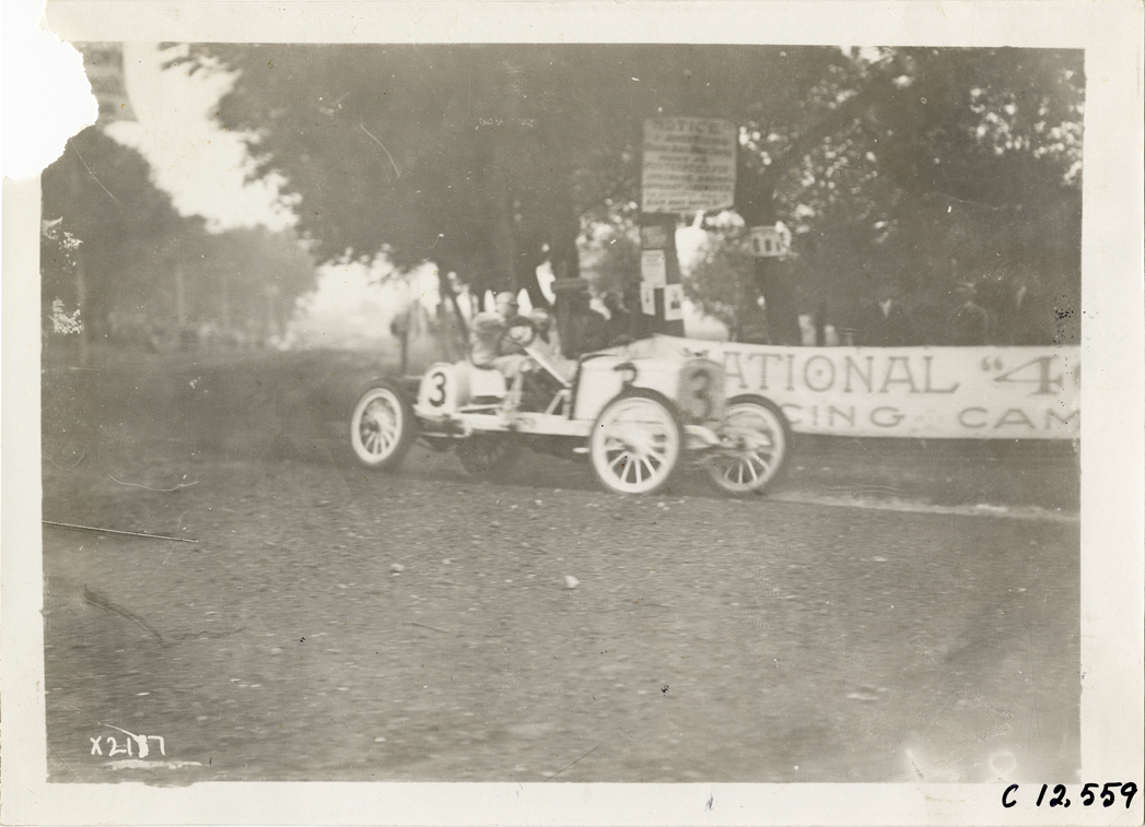Ralph Mulford driving Lozier racecar, 1910 Elgin Races