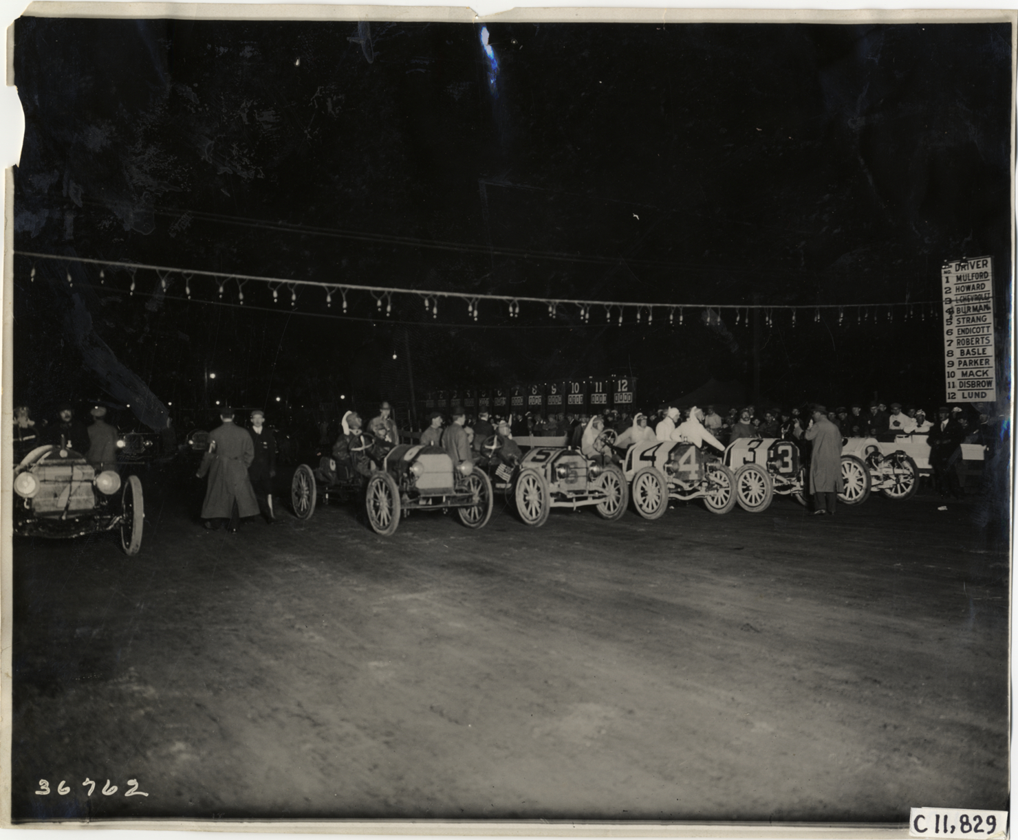 Racecars at starting line, 1910 Brighton Beach races