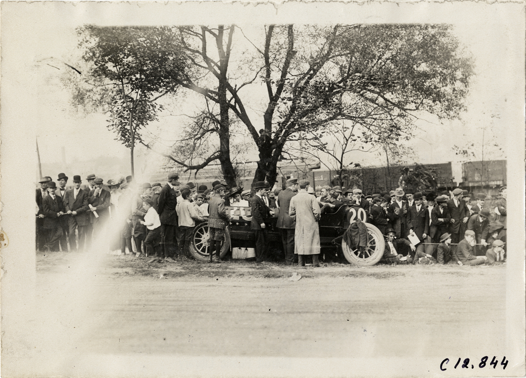 Racecar parked on roadside, 1909 Fairmount Park races