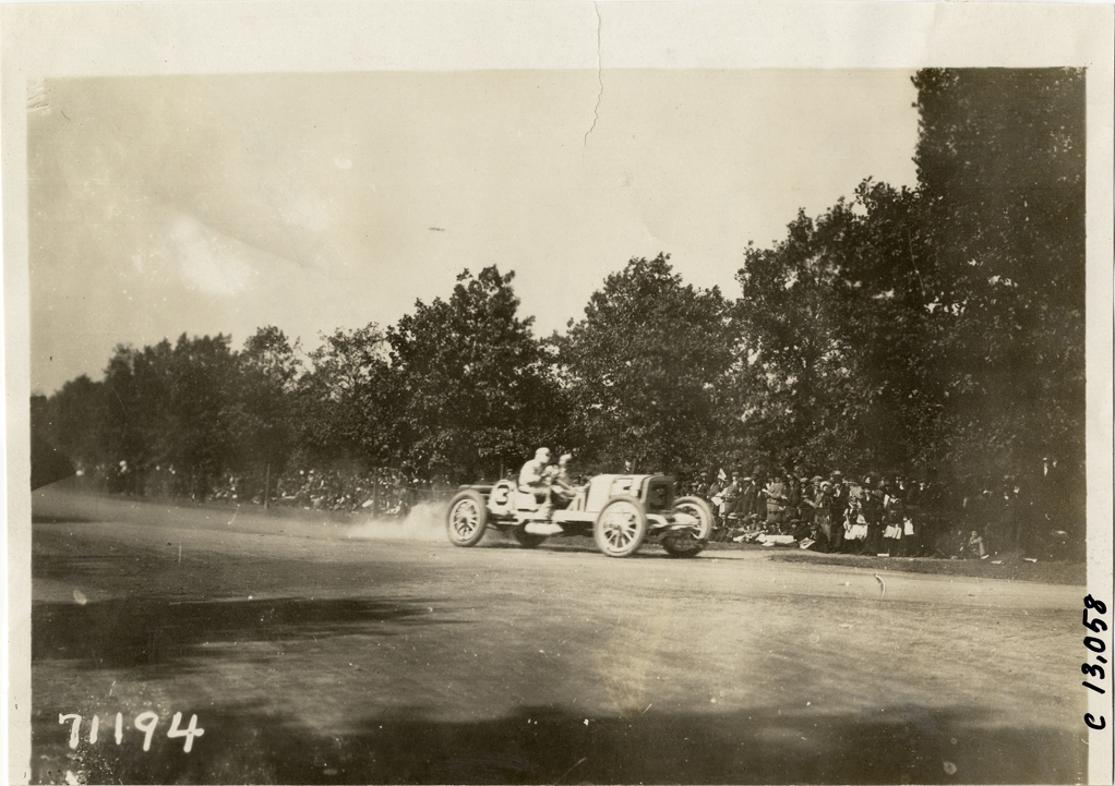 Ralph Mulford and passenger in Lozier racecar, 1911 Fairmount Park races
