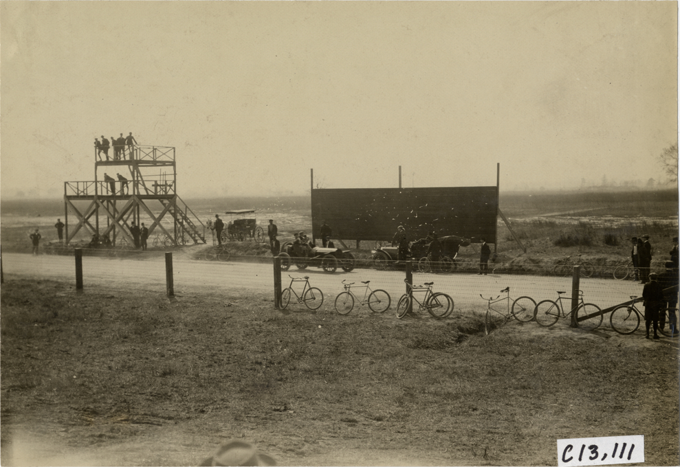 Timers' stand and tally board, 1908 Grand Prize races