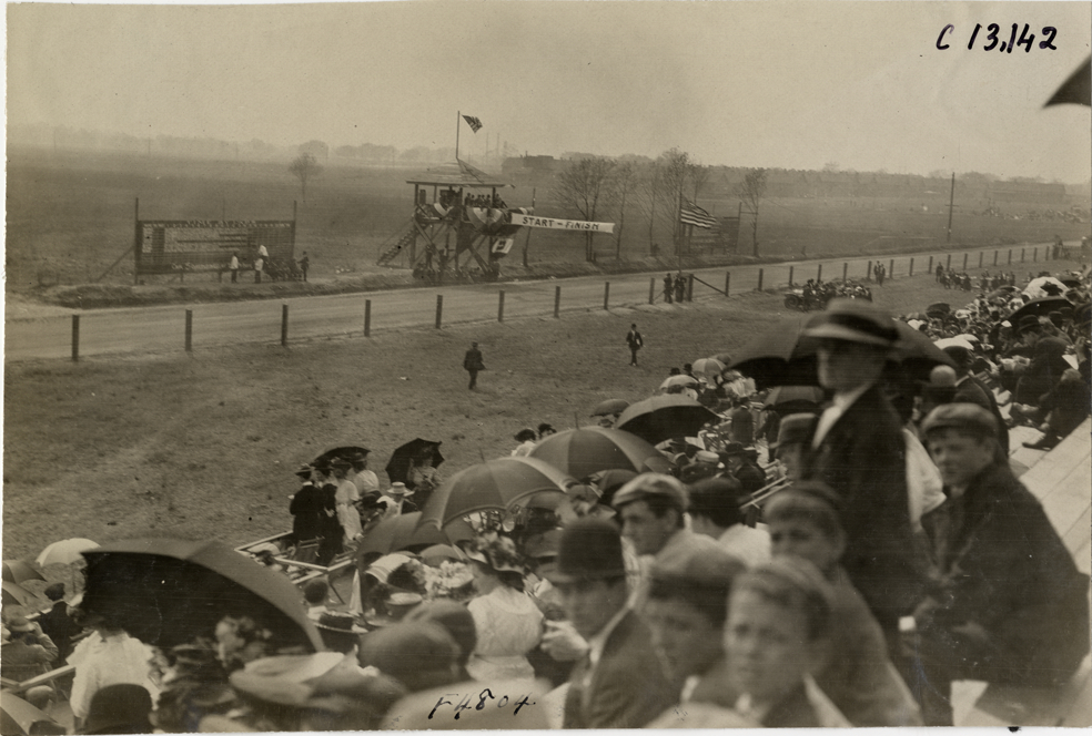 Timers' stand and tally board, 1908 Grand Prize races