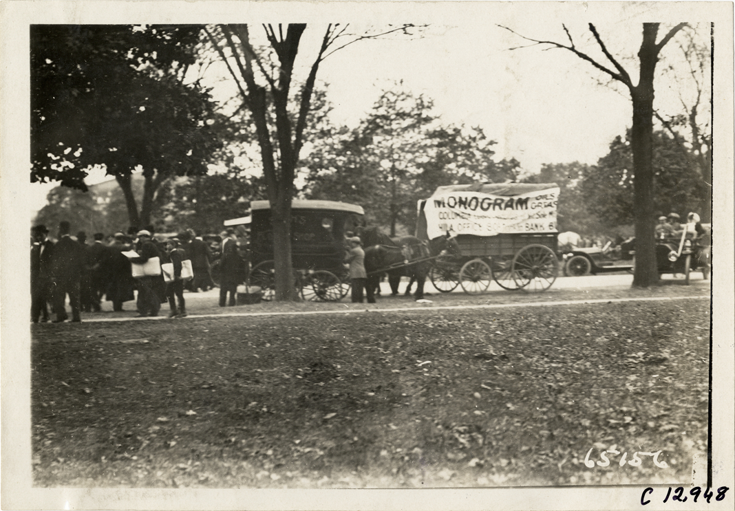 Horse-drawn wagon with Monogram oil banner, 1910 Fairmount Park races