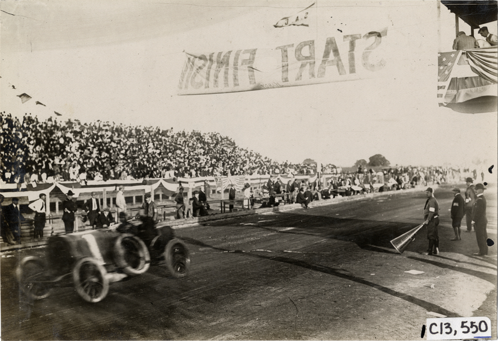 Clement-Bayard racecar passing stands, 1908 Grand Prize races