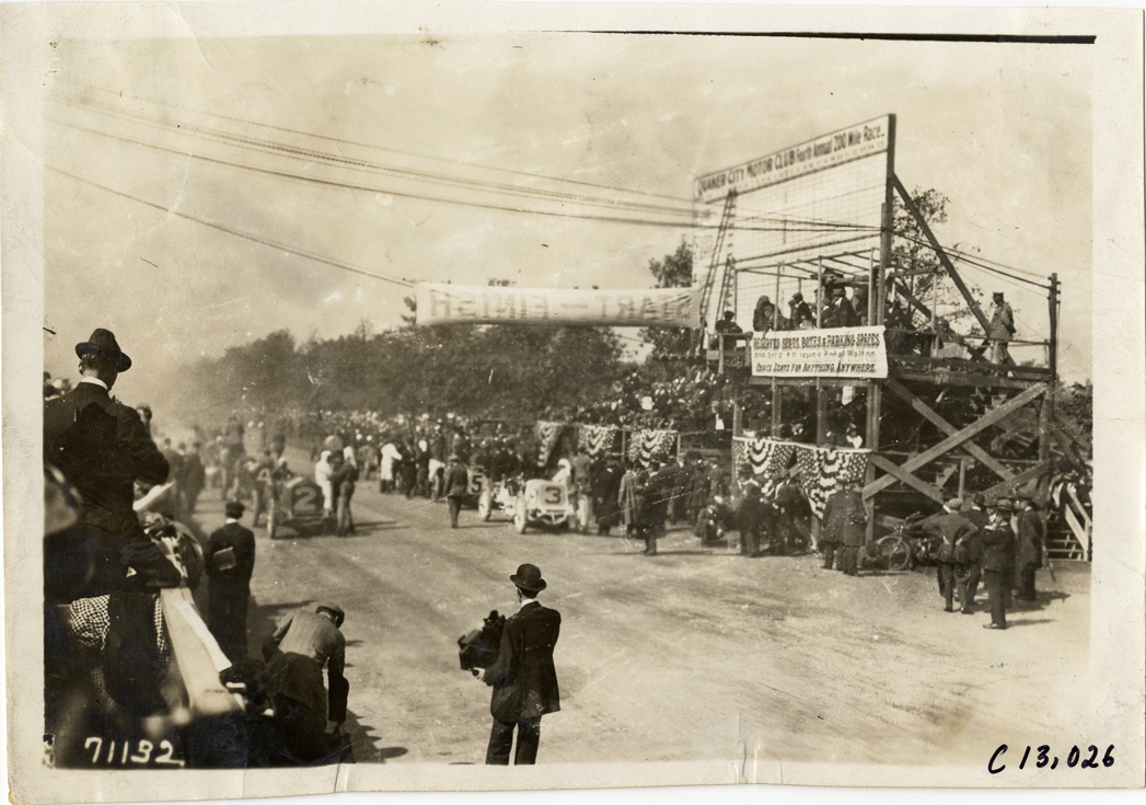 Racecars lined up for start of race, 1911 Fairmount Park races