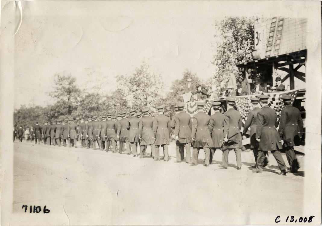 Policemen walking in line, 1911 Fairmount Park races