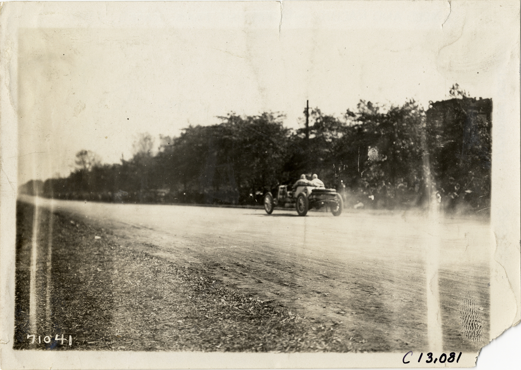Harry Grant and passenger in Lozier racecar, 1911 Fairmount Park races