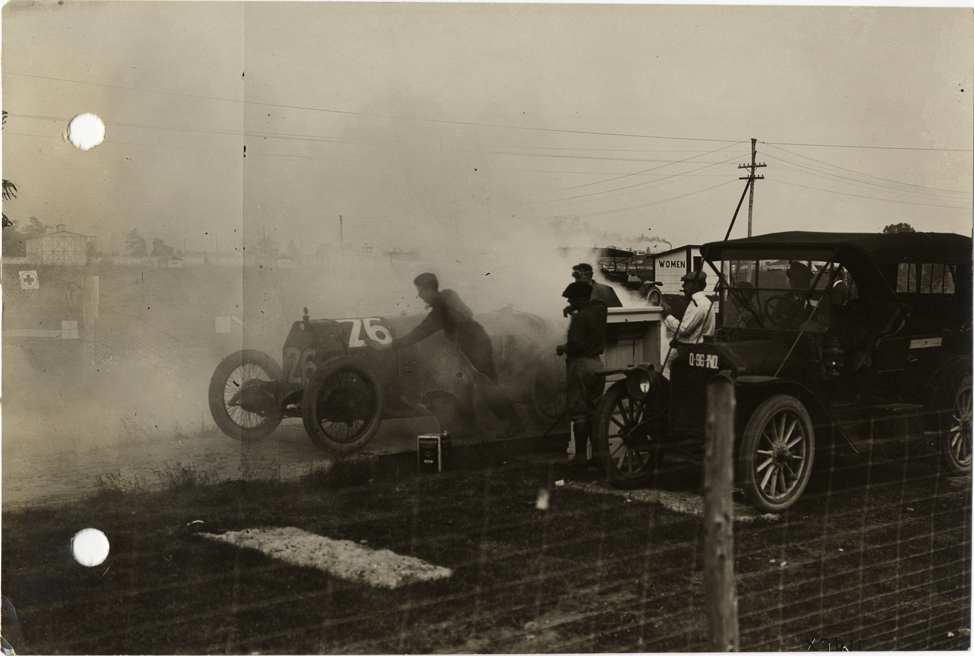 Racecar being weighed, 1913 Indianapolis 500 automobile race