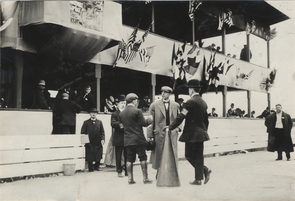 Peter Prunty with megaphone, 1908 Long Island Sweepstakes