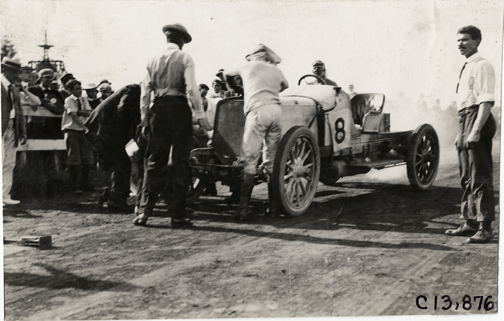 Driver in racecar, 1908 Long Branch races