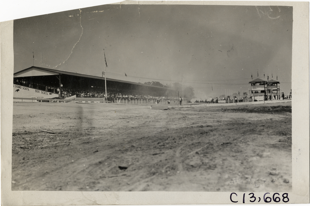 View of racetrack, 1909 Indianapolis races