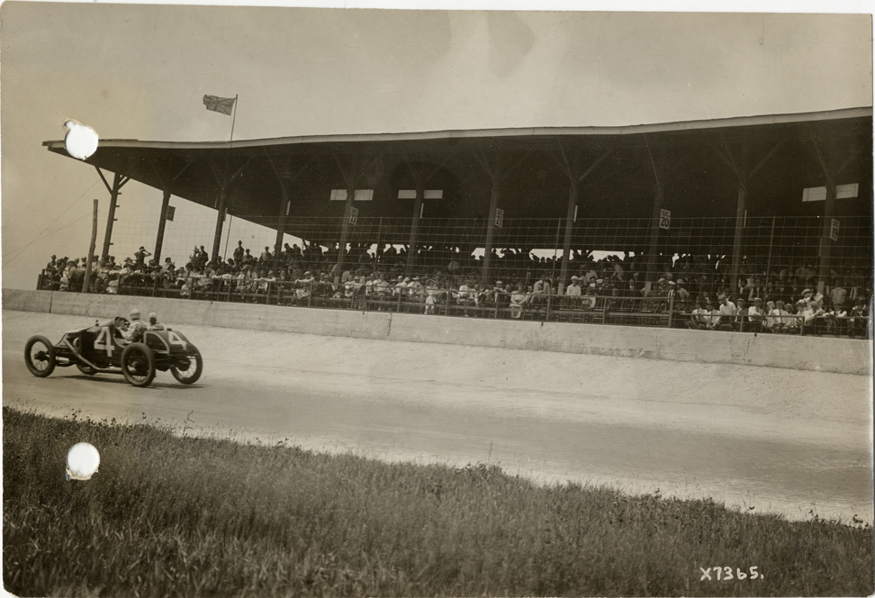 Bob Burman and passenger in Keeton racecar, 1913 Indianapolis 500 automobile race