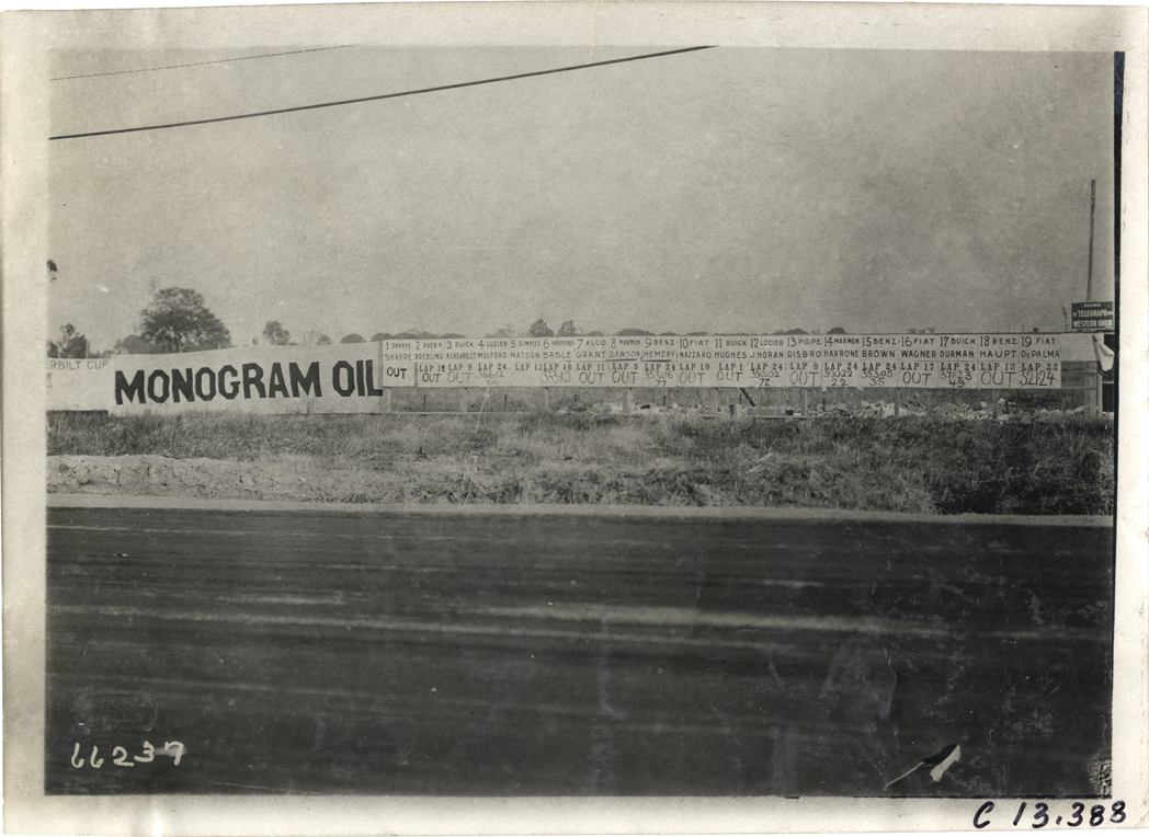 Signs on roadside, 1910 Grand Prize races