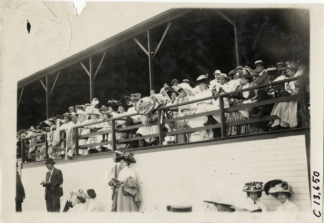 Spectators in grandstand, 1909 Indianapolis races