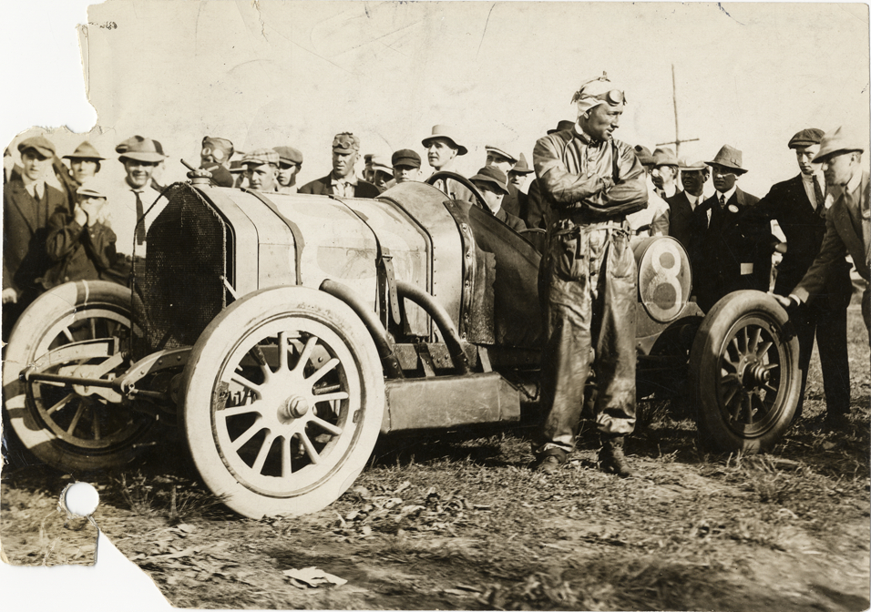 Joe Dawson with National racecar, 1912 Indianapolis 500 automobile race