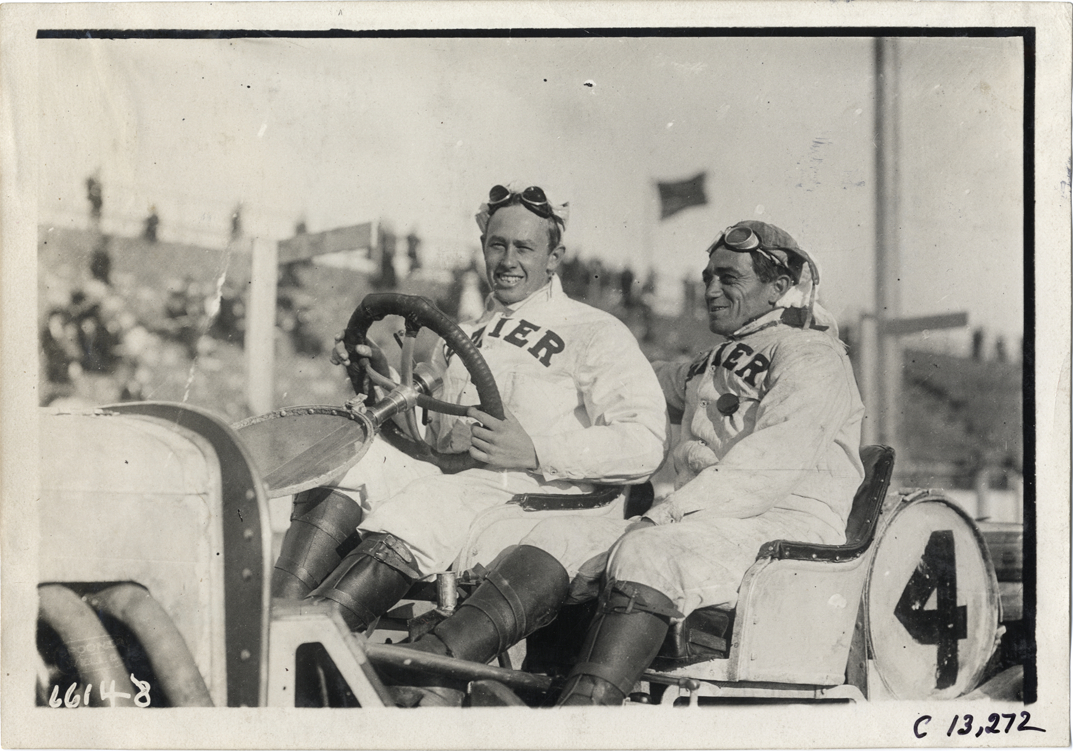 Ralph Mulford and passenger in Lozier racecar, 1910 Grand Prize races
