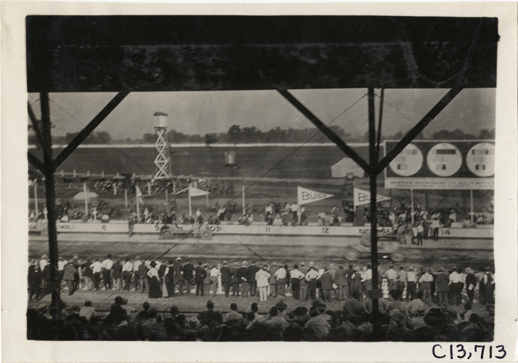 View of racetrack, 1909 Indianapolis races